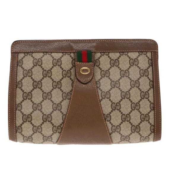 GUCCI GG Supreme Web Sherry Line Clutch Bag PVC Beige Red 89 01 032 Auth 95057 - Picture 1 of 14